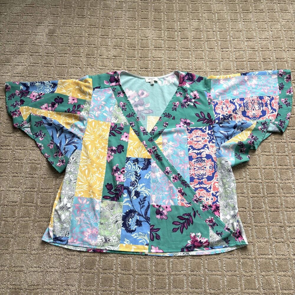 Umgee Faux Kimono Wrap Shirt Women's Large Colorful Floral Patchwork Boho V Neck